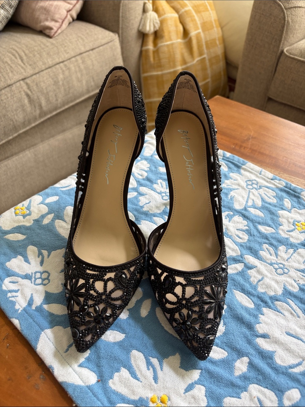 Betsey Johnson Black Floral Beaded Pointed-Toe Heels